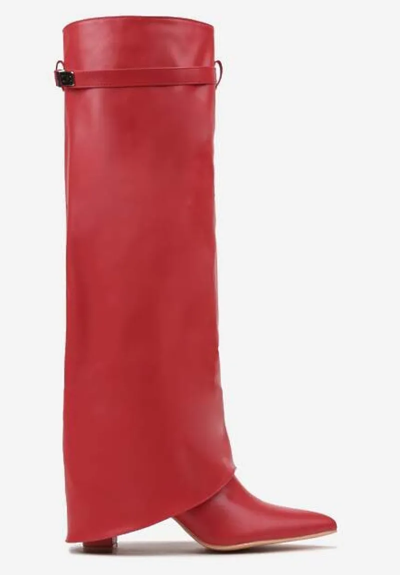 Czerwone Kozaki Kowbojki na Słupku Ozdobione Paskiem z Klamrą i Wywiniętą Cholewką Mairene