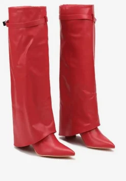 Czerwone Kozaki Kowbojki na Słupku Ozdobione Paskiem z Klamrą i Wywiniętą Cholewką Mairene