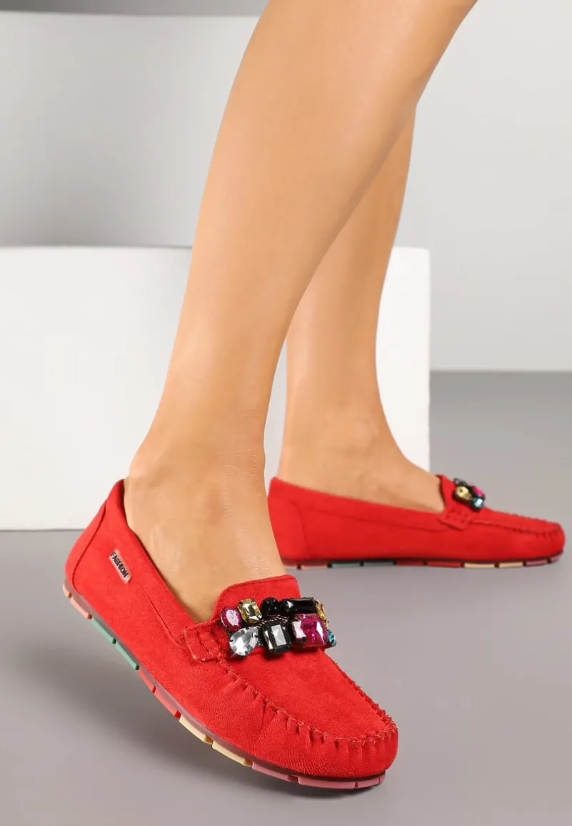 Czerwone Mokasyny z Wkładką ze Skóry Naturalnej i Cyrkoniami Zimora