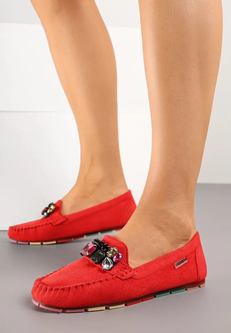 Czerwone Mokasyny z Wkładką ze Skóry Naturalnej i Cyrkoniami Zimora