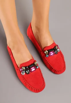 Czerwone Mokasyny z Wkładką ze Skóry Naturalnej i Cyrkoniami Zimora