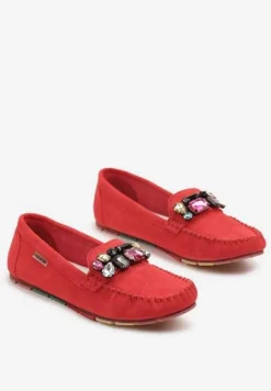 Czerwone Mokasyny z Wkładką ze Skóry Naturalnej i Cyrkoniami Zimora