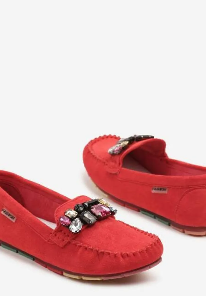 Czerwone Mokasyny z Wkładką ze Skóry Naturalnej i Cyrkoniami Zimora