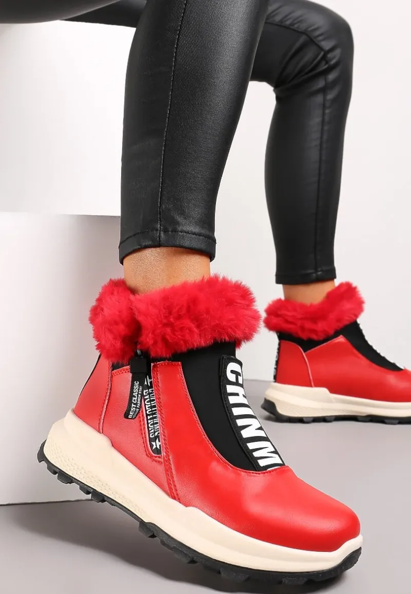 Czerwone Śniegowce za Kostkę z Nadrukiem i Futerkiem Glemenia