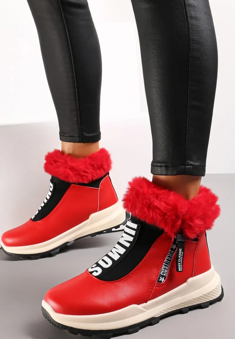 Czerwone Śniegowce za Kostkę z Nadrukiem i Futerkiem Glemenia