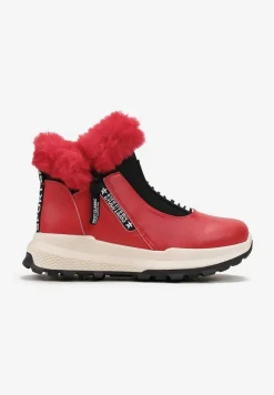 Czerwone Śniegowce za Kostkę z Nadrukiem i Futerkiem Glemenia