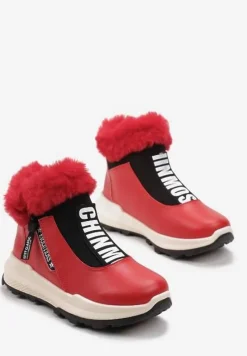 Czerwone Śniegowce za Kostkę z Nadrukiem i Futerkiem Glemenia