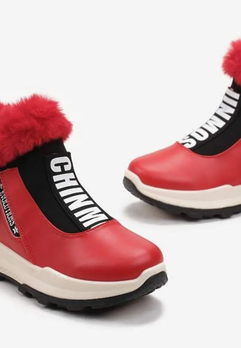 Czerwone Śniegowce za Kostkę z Nadrukiem i Futerkiem Glemenia