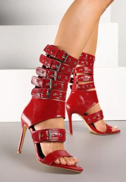 Czerwone Sandały Botki na Obcasie Zdobione Paskami ze Sprzączkami Idamirea