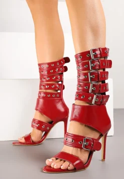 Czerwone Sandały Botki na Obcasie Zdobione Paskami ze Sprzączkami Idamirea
