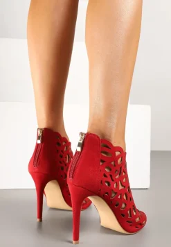 Czerwone Sandały Botki Vices na Szpilce z Ażurową Cholewką Natilora