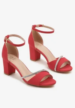 Czerwone Sandały na Słupku z Cyrkoniowymi Paskami Redivine