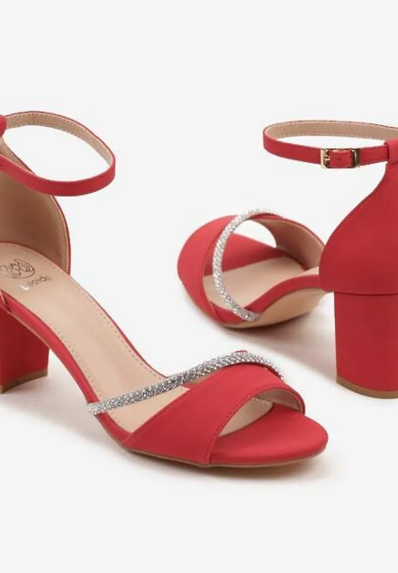 Czerwone Sandały na Słupku z Cyrkoniowymi Paskami Redivine