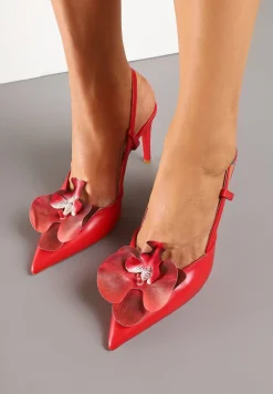 Czerwone Sandały na Szpilce Vices Slingback z Kwiatem 3D Koviano