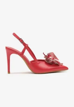 Czerwone Sandały na Szpilce Vices Slingback z Kwiatem 3D Koviano