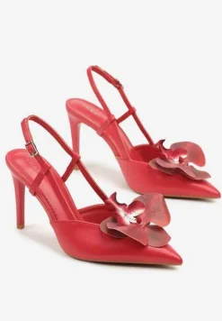 Czerwone Sandały na Szpilce Vices Slingback z Kwiatem 3D Koviano