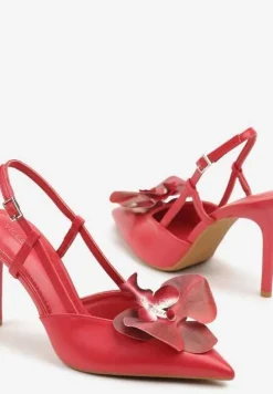 Czerwone Sandały na Szpilce Vices Slingback z Kwiatem 3D Koviano