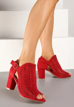 Czerwone Sandały Vices na Słupku z Ażurowym Wzorem Klamrą i Wycięciem Feliyra
