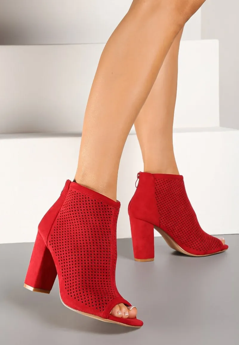 Czerwone Sandały Vices na Słupku z Ażurową Cholewką i Odkrytymi Noskami Uliri