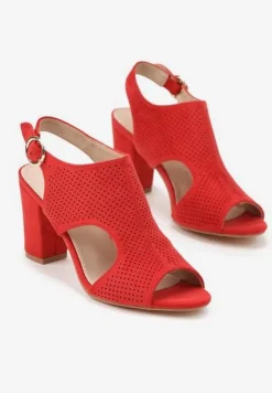 Czerwone Sandały Vices na Słupkowym Obcasie z Ażurową Cholewką i Skórzaną Wkładką Obenea