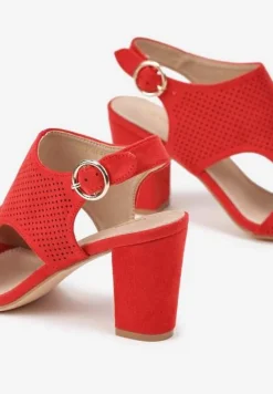 Czerwone Sandały Vices na Słupkowym Obcasie z Ażurową Cholewką i Skórzaną Wkładką Obenea
