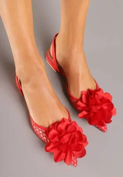Czerwone Sandały Vices Slingback z Siateczkową Cholewką Ozdobione Kwiatem 3D Lilivora