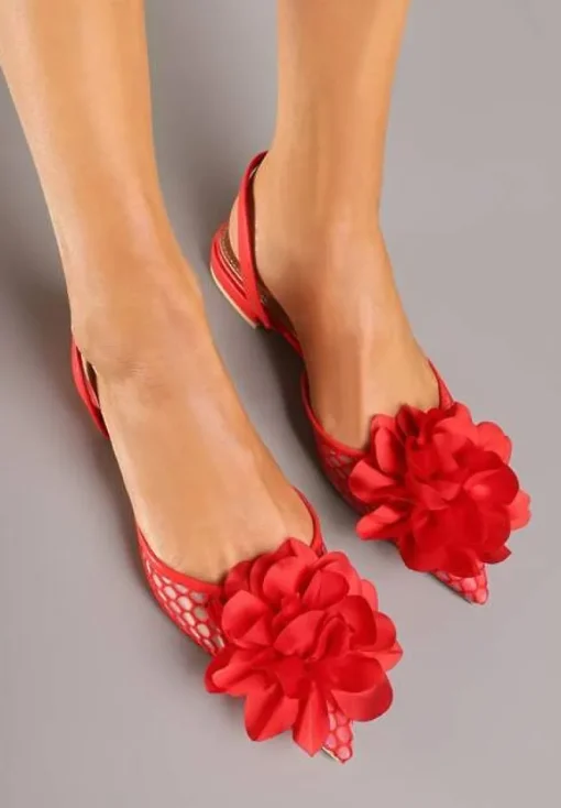 Czerwone Sandały Vices Slingback z Siateczkową Cholewką Ozdobione Kwiatem 3D Lilivora