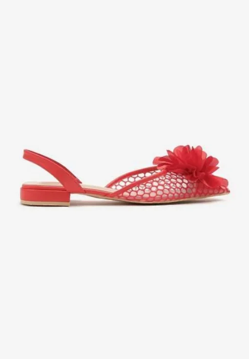 Czerwone Sandały Vices Slingback z Siateczkową Cholewką Ozdobione Kwiatem 3D Lilivora