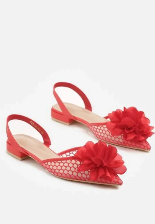 Czerwone Sandały Vices Slingback z Siateczkową Cholewką Ozdobione Kwiatem 3D Lilivora
