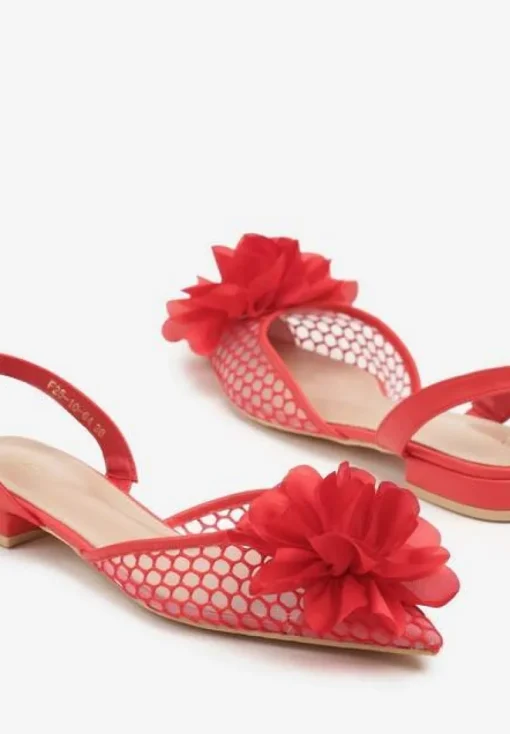 Czerwone Sandały Vices Slingback z Siateczkową Cholewką Ozdobione Kwiatem 3D Lilivora
