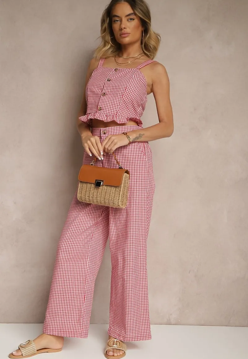 Czerwone Spodnie z Bawełny w Kratkę Vichy z Szeroką Nogawką Iffele