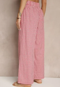 Czerwone Spodnie z Bawełny w Kratkę Vichy z Szeroką Nogawką Iffele