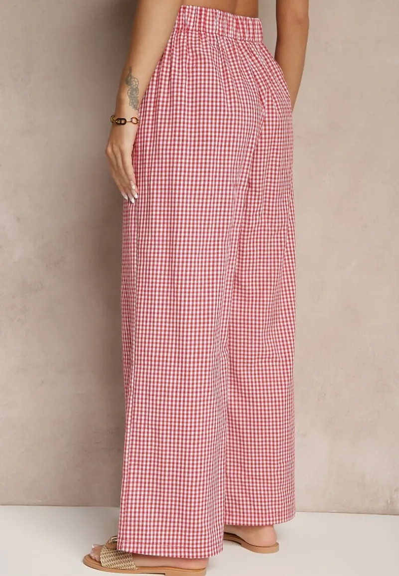 Czerwone Spodnie z Bawełny w Kratkę Vichy z Szeroką Nogawką Iffele