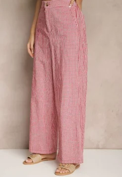 Czerwone Spodnie z Bawełny w Kratkę Vichy z Szeroką Nogawką Iffele