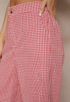 Czerwone Spodnie z Bawełny w Kratkę Vichy z Szeroką Nogawką Iffele
