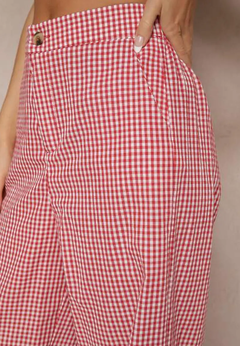 Czerwone Spodnie z Bawełny w Kratkę Vichy z Szeroką Nogawką Iffele