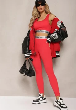 Czerwone Sportowe Legginsy Elastyczne z Ozdobną Szeroką Gumą w Pasie Larnode