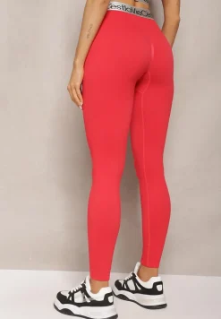 Czerwone Sportowe Legginsy Elastyczne z Ozdobną Szeroką Gumą w Pasie Larnode