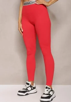 Czerwone Sportowe Legginsy Elastyczne z Ozdobną Szeroką Gumą w Pasie Larnode