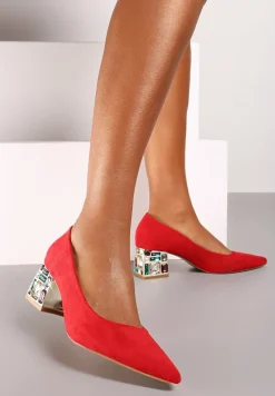 Czerwone Szpiczaste Czółenka na Kwadratowym Obcasie z Imitacją Diamentów Lerisetta