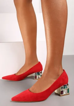 Czerwone Szpiczaste Czółenka na Kwadratowym Obcasie z Imitacją Diamentów Lerisetta