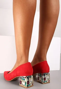 Czerwone Szpiczaste Czółenka na Kwadratowym Obcasie z Imitacją Diamentów Lerisetta