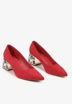 Czerwone Szpiczaste Czółenka na Kwadratowym Obcasie z Imitacją Diamentów Lerisetta