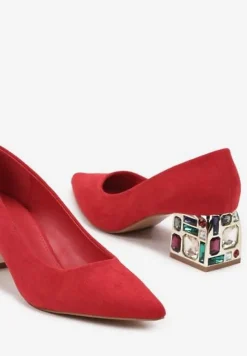 Czerwone Szpiczaste Czółenka na Kwadratowym Obcasie z Imitacją Diamentów Lerisetta