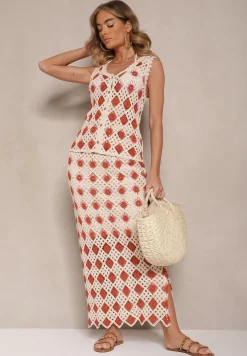 Czerwono-Beżowa Szydełkowa Kamizelka z Dekoltem w Kształcie Litery V Banavia