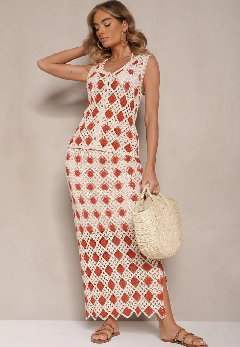 Czerwono-Beżowa Szydełkowa Kamizelka z Dekoltem w Kształcie Litery V Banavia