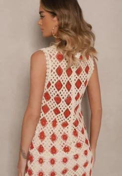 Czerwono-Beżowa Szydełkowa Kamizelka z Dekoltem w Kształcie Litery V Banavia