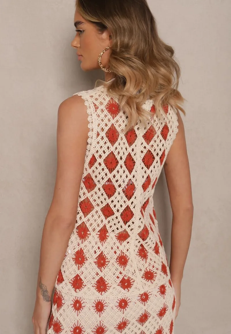 Czerwono-Beżowa Szydełkowa Kamizelka z Dekoltem w Kształcie Litery V Banavia