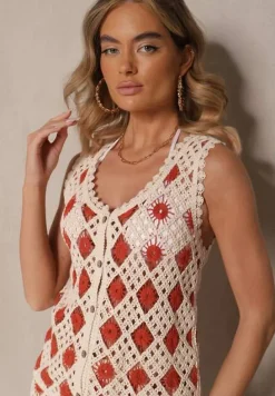 Czerwono-Beżowa Szydełkowa Kamizelka z Dekoltem w Kształcie Litery V Banavia