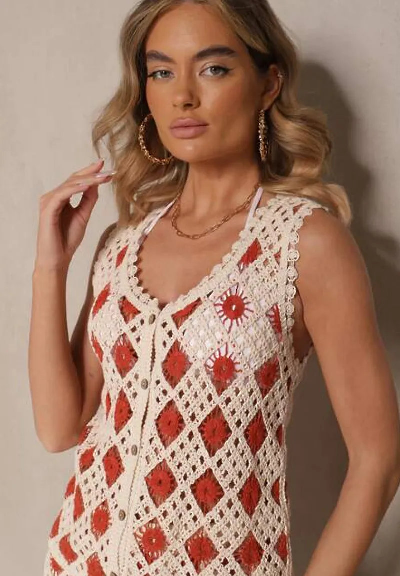 Czerwono-Beżowa Szydełkowa Kamizelka z Dekoltem w Kształcie Litery V Banavia